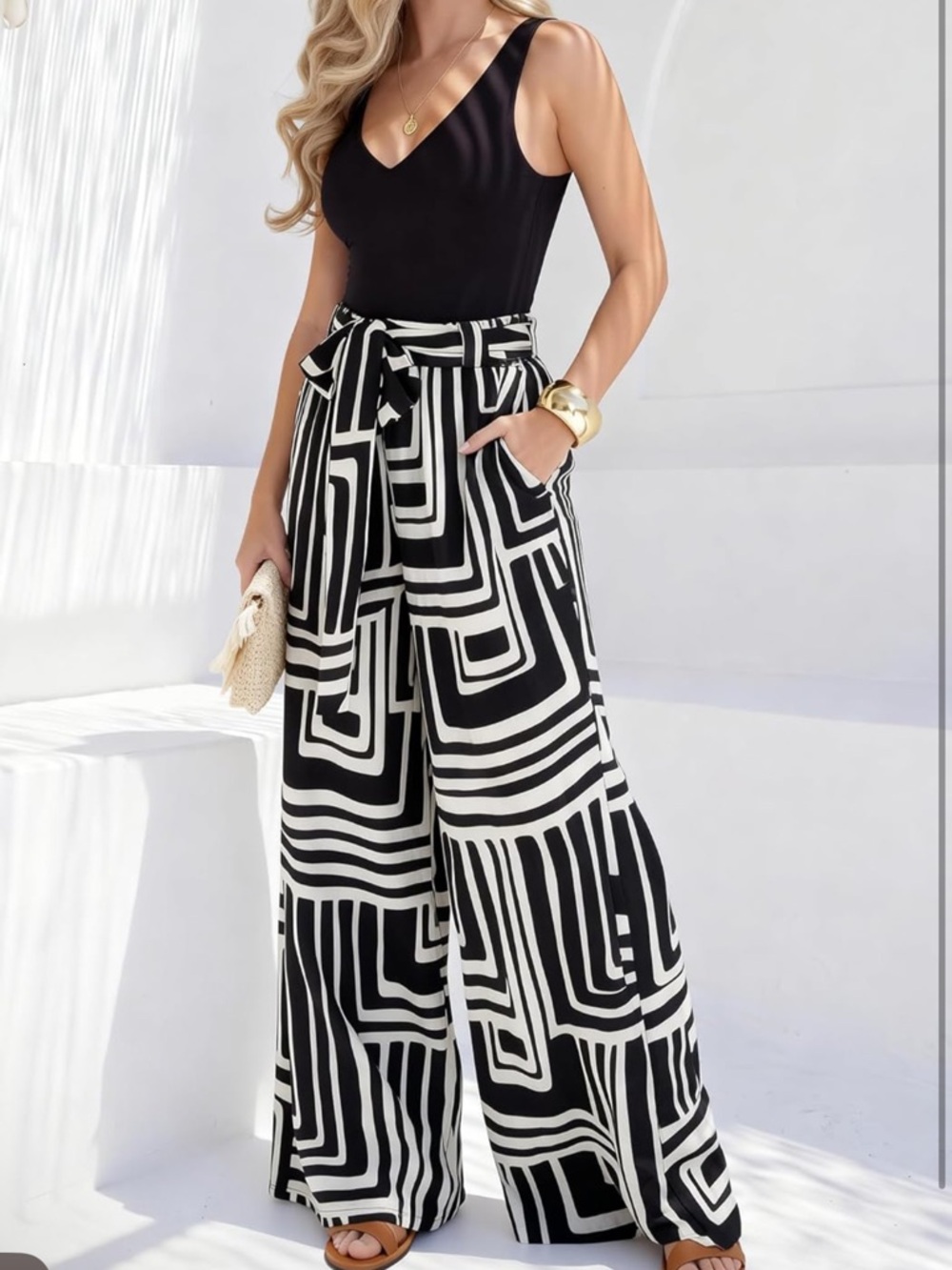 Wide Leg High-Waist Geometric Palazzo Pants Set - SMALL, NEW WITH TAGS - Picture 5 of 11